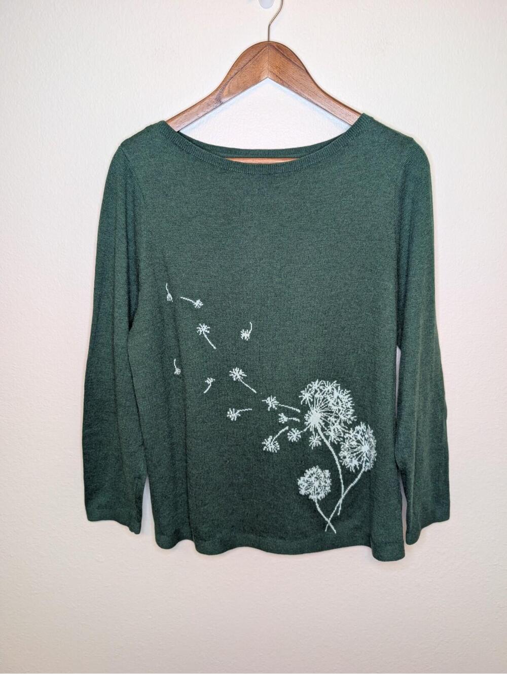 J. Jill Women's Sweater Round Neck Lightweight Dandelion Print Green L PETITE - Picture 1 of 9